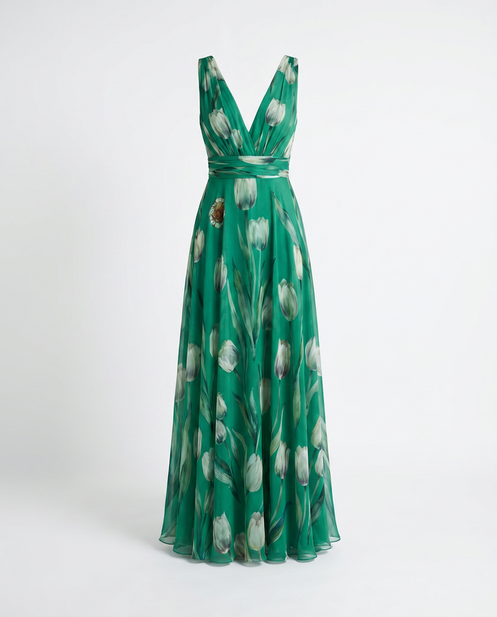 Victoria Tulip Print Maxi Dress — Green