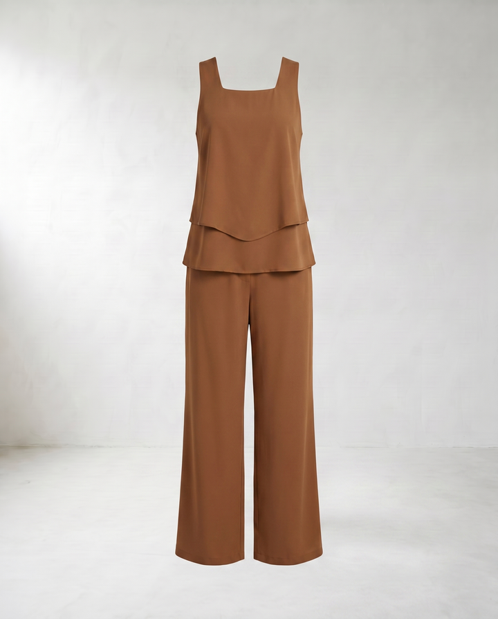 Abigail Leaf Print Wide-Leg Co-Ord Set — Brown