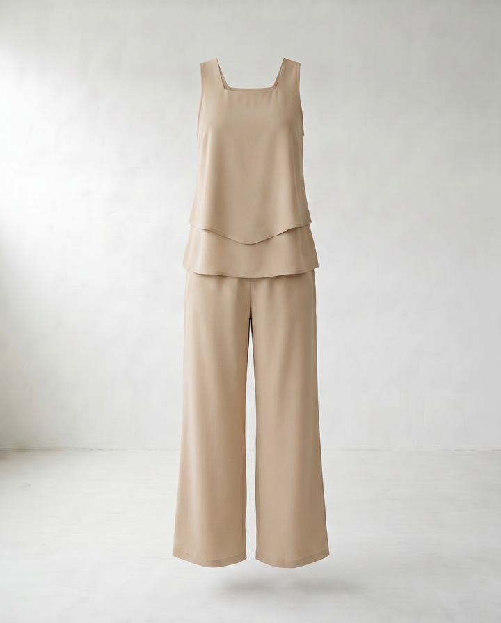 Abigail Leaf Print Wide-Leg Co-Ord Set — Beige