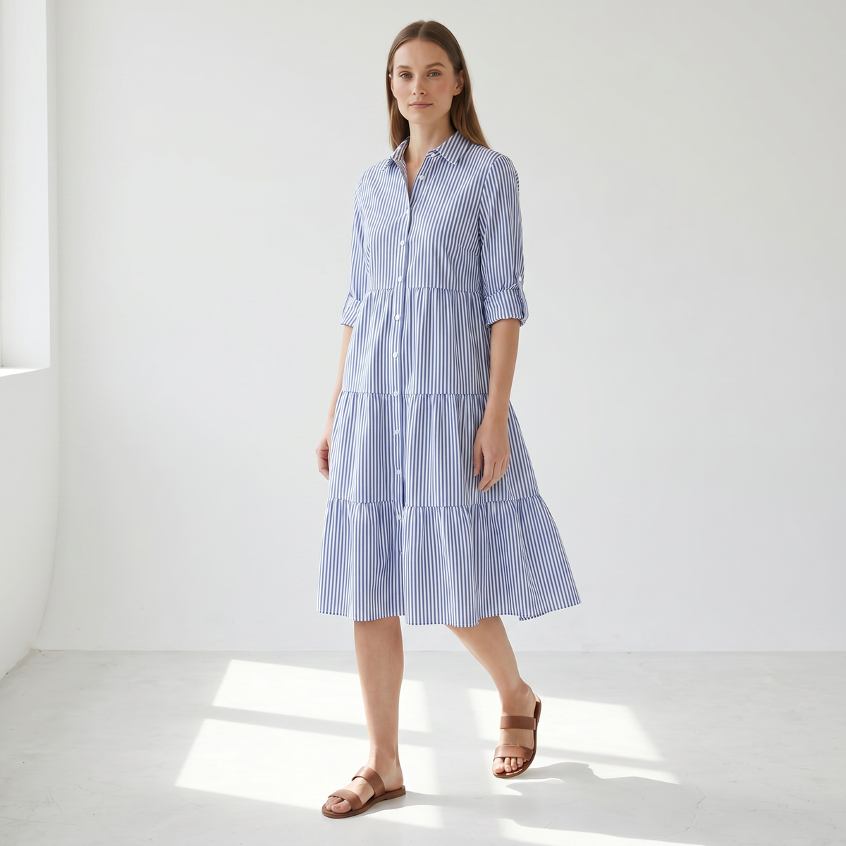 A-Line Flattering Summer Dress - model walking front side - master front reference - Higgsfield job ce3b690d-4903-4617-bea5-28d7ed40e7d9