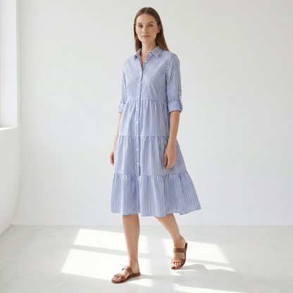 A-Line Flattering Summer Dress - model walking front side - master front reference - Higgsfield job ce3b690d-4903-4617-bea5-28d7ed40e7d9