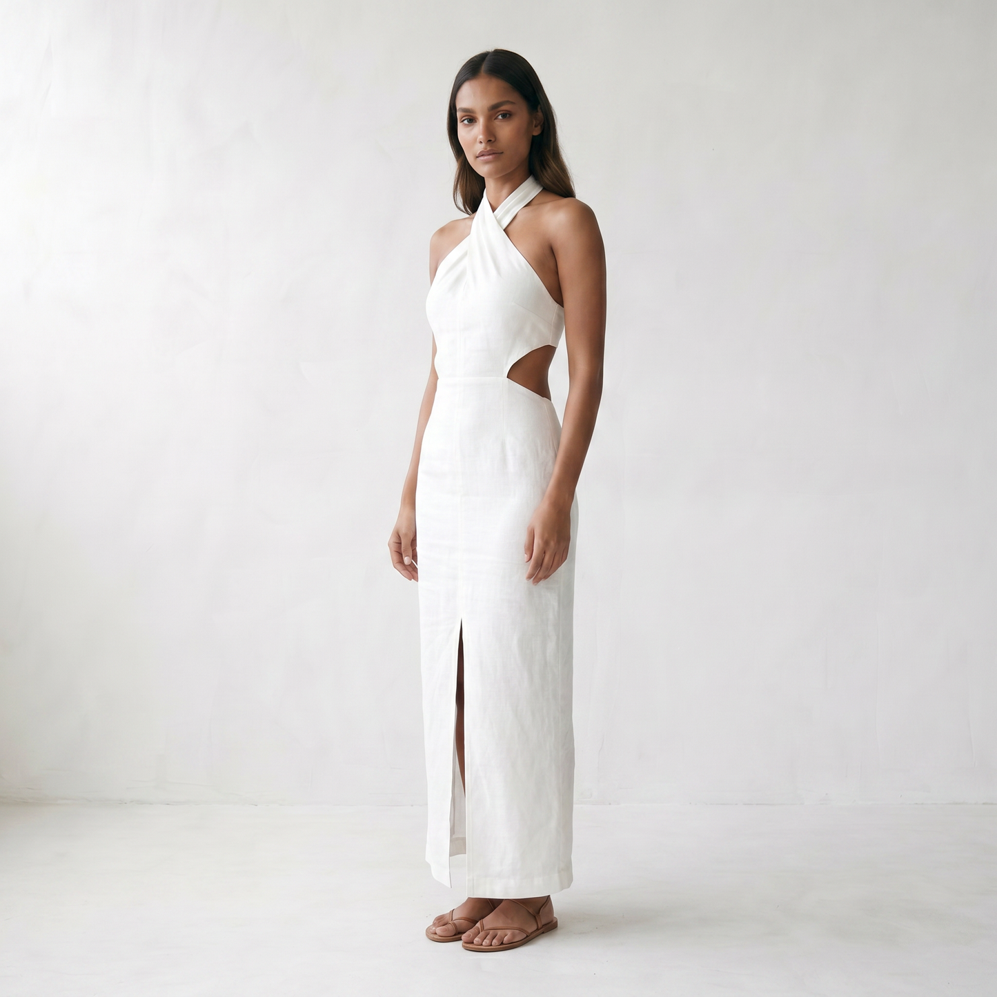 Adele Bohemian Halter Linen Dress - model three quarter front - master front reference - Higgsfield job 00143b2a-2758-4e1c-8f1b-02976edfc912