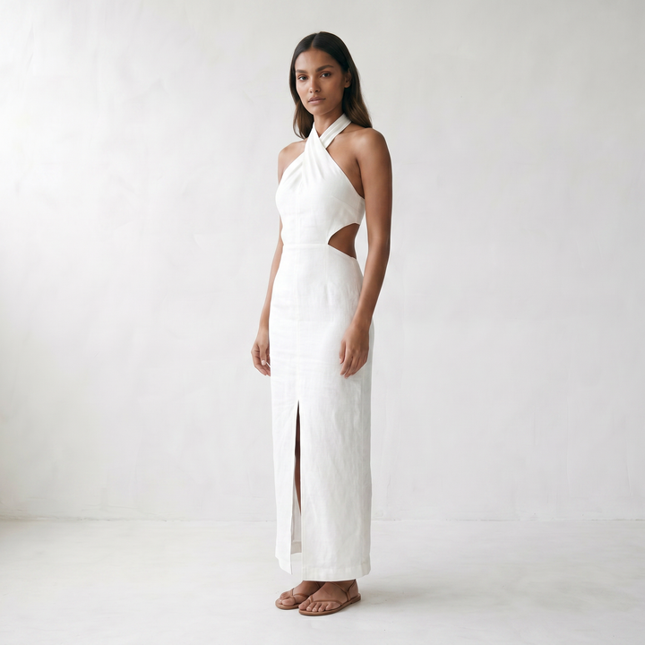 Adele Bohemian Halter Linen Dress - model three quarter front - master front reference - Higgsfield job 00143b2a-2758-4e1c-8f1b-02976edfc912