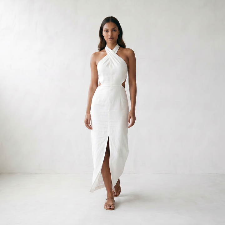 Adele Bohemian Halter Linen Dress - model walking front side - master front reference - Higgsfield job 16806034-1449-4d7d-9219-fe9c5484de8b