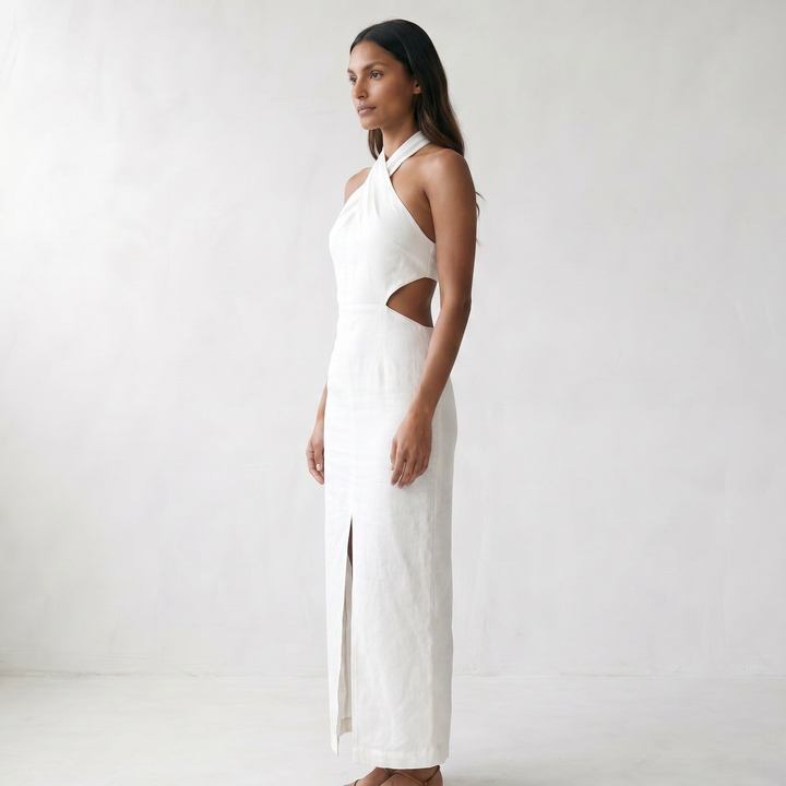 Adele Bohemian Halter Linen Dress - model side front - master front reference - Higgsfield job c39e5cab-6202-40d6-8414-1d266c26562b