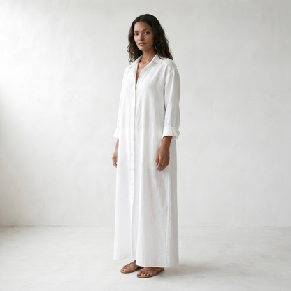 Agnes Linen Long Shirt Dress - model three quarter front - master front reference - Higgsfield job 59237e7a-52e8-4699-88dd-de14405a99b4