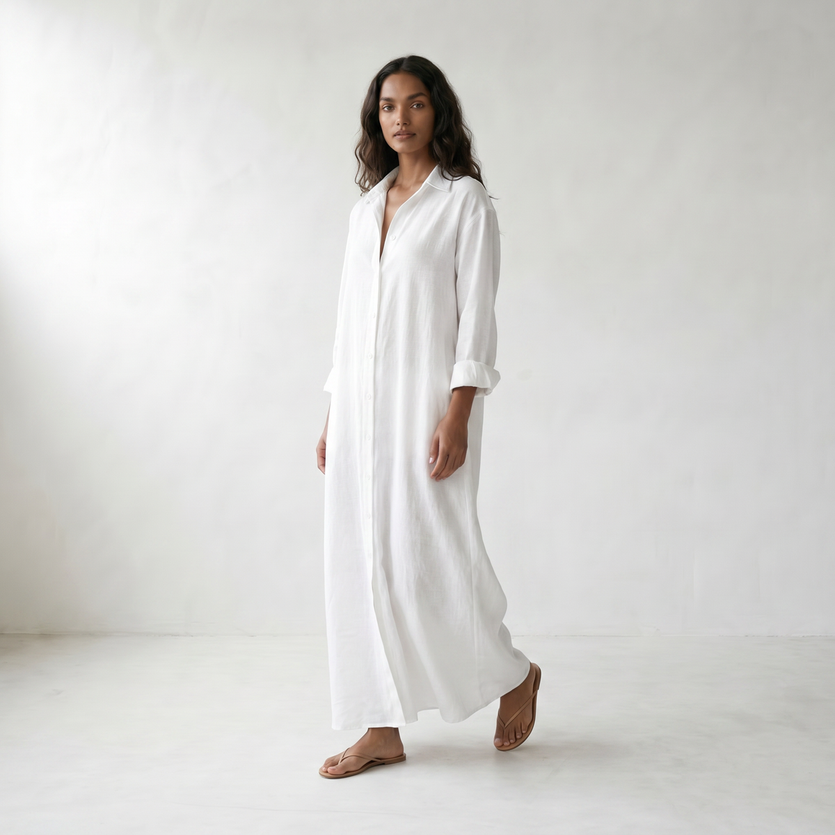 Agnes Linen Long Shirt Dress - model walking front side - master front reference - Higgsfield job 49a196f7-f2e4-4d0c-98dd-cb80df615e00