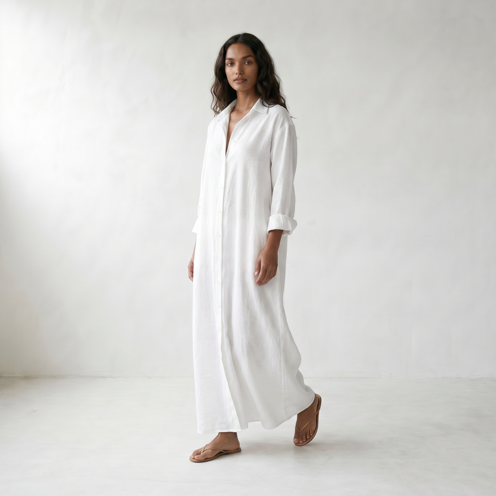 Agnes Linen Long Shirt Dress - model walking front side - master front reference - Higgsfield job 49a196f7-f2e4-4d0c-98dd-cb80df615e00