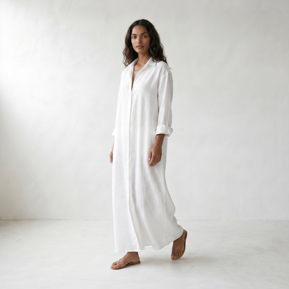 Agnes Linen Long Shirt Dress - model walking front side - master front reference - Higgsfield job 49a196f7-f2e4-4d0c-98dd-cb80df615e00