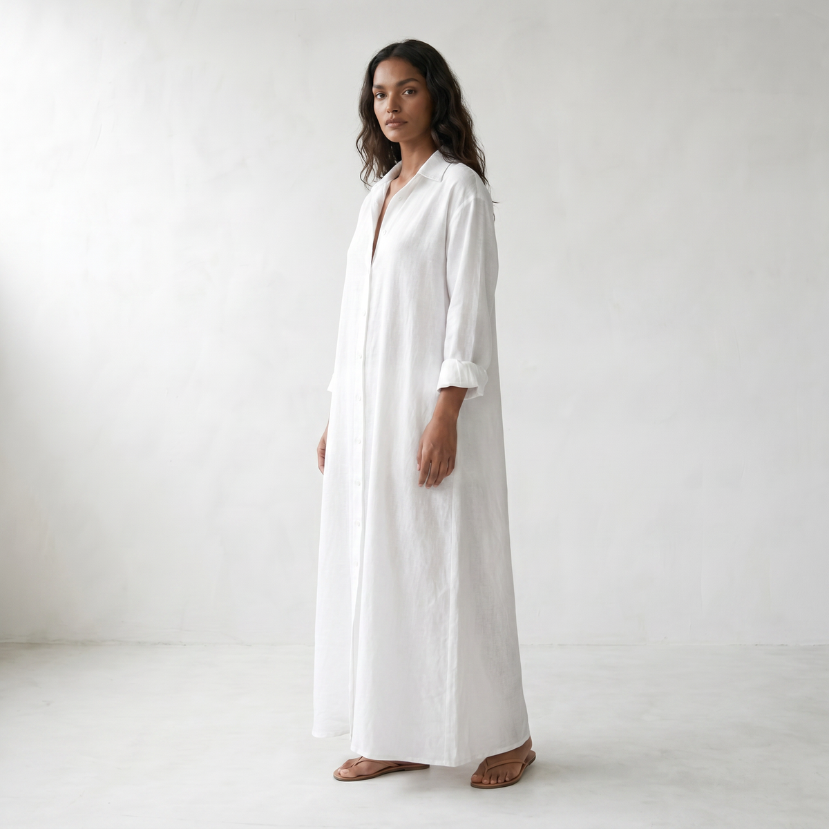 Agnes Linen Long Shirt Dress - model side front - master front reference - Higgsfield job 5b0c843a-76bc-42ac-a3b3-47c7fb975e00