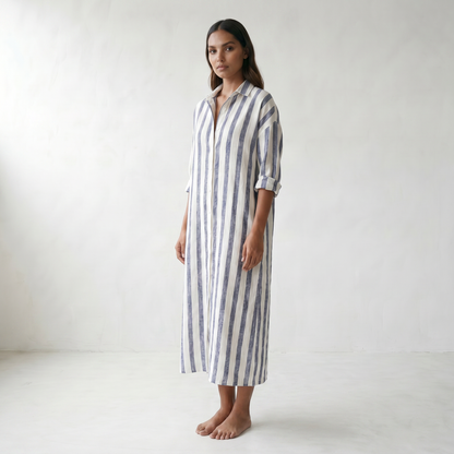 Amaris Linen Long Shirt Dress - model three quarter front - master front reference - Higgsfield job 20e31467-50fc-41ed-8a98-0867c067ba42