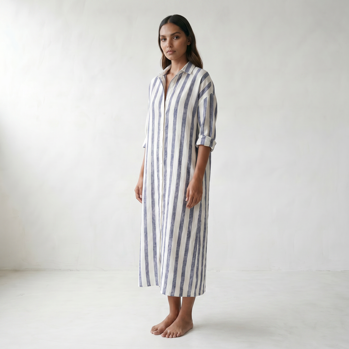 Amaris Linen Long Shirt Dress - model three quarter front - master front reference - Higgsfield job 20e31467-50fc-41ed-8a98-0867c067ba42