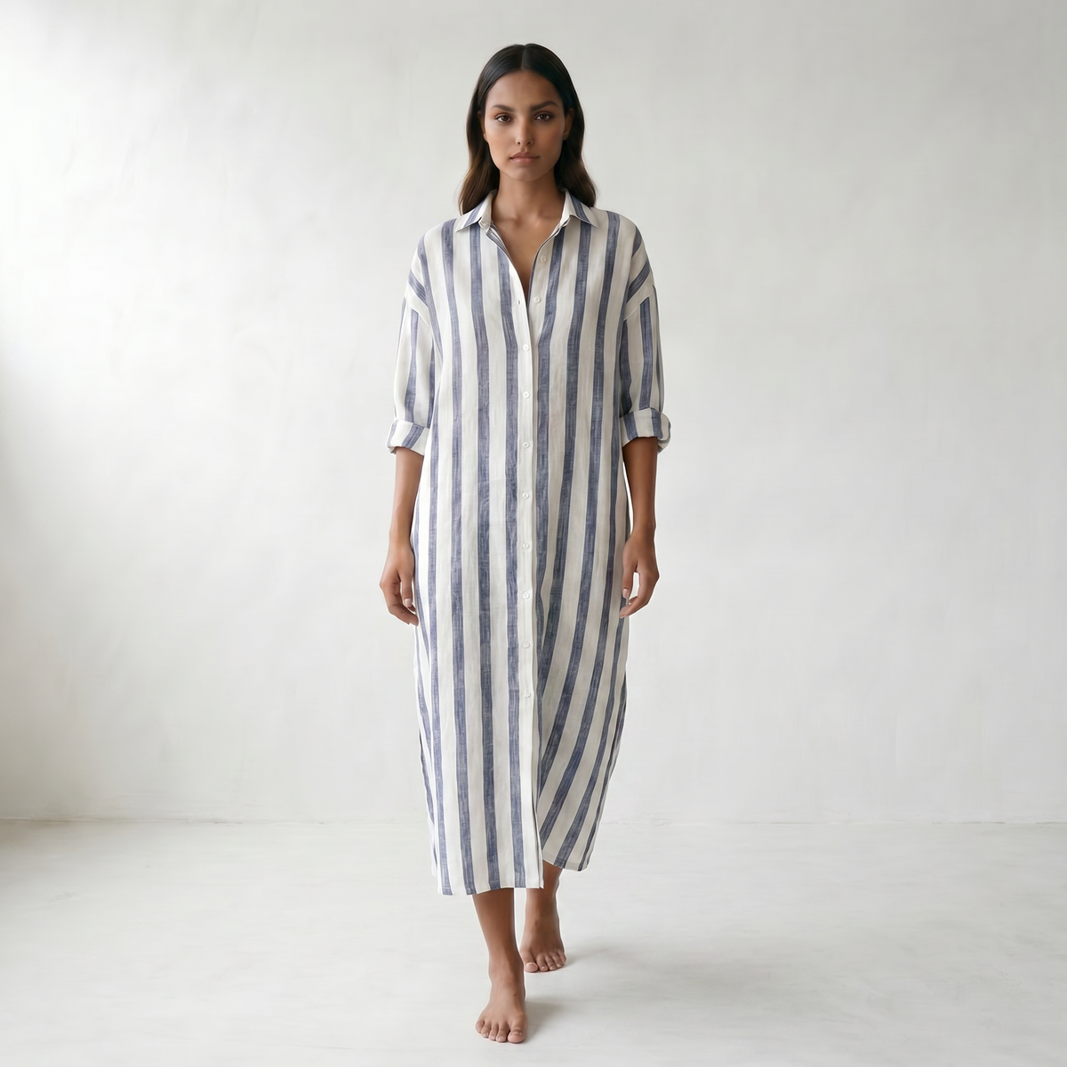 Amaris Linen Long Shirt Dress - model walking front side - master front reference - Higgsfield job c9abec99-1eac-4644-ae6a-6e8a73ee83c3