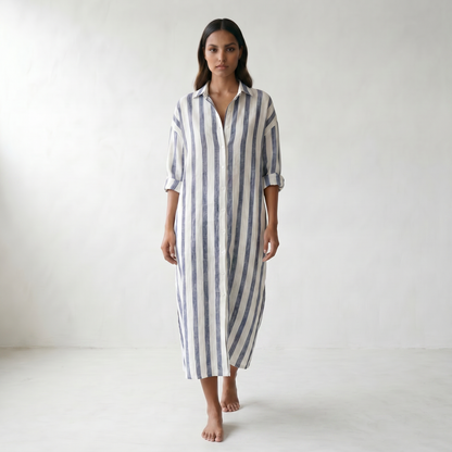 Amaris Linen Long Shirt Dress - model walking front side - master front reference - Higgsfield job c9abec99-1eac-4644-ae6a-6e8a73ee83c3