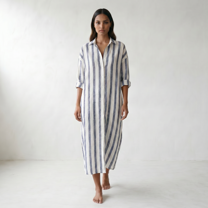Amaris Linen Long Shirt Dress - model walking front side - master front reference - Higgsfield job c9abec99-1eac-4644-ae6a-6e8a73ee83c3