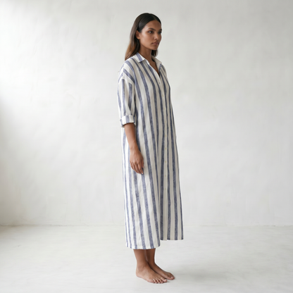 Amaris Linen Long Shirt Dress - model side front - master front reference - Higgsfield job 2a1c4401-269b-40a1-9bd0-568d58e9e0bf