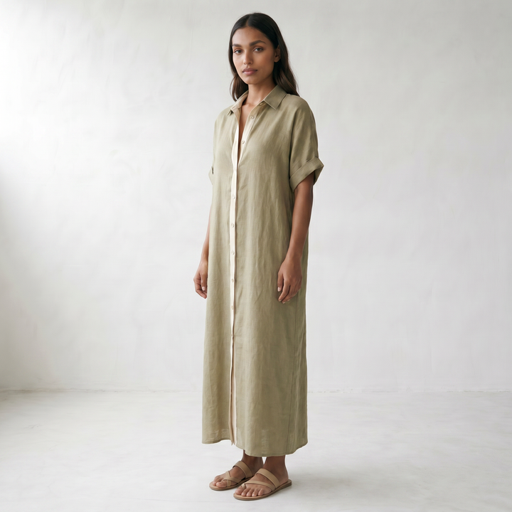 Gemma Linen Long Shirt Sundress - model three quarter front - master front reference - Higgsfield job f35a25b3-602f-4563-a2eb-9eed0ec98874