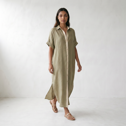 Gemma Linen Long Shirt Sundress - model walking front side - master front reference - Higgsfield job 5f211a23-edff-41aa-9f71-36729bbf580e