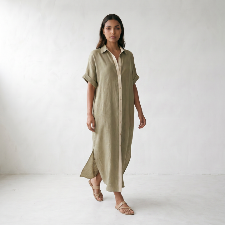 Gemma Linen Long Shirt Sundress - model walking front side - master front reference - Higgsfield job 5f211a23-edff-41aa-9f71-36729bbf580e