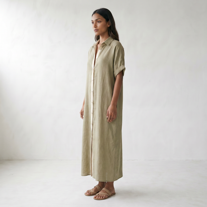 Gemma Linen Long Shirt Sundress - model side front - master front reference - Higgsfield job 359c0b6d-ef60-4073-a28e-3c5c93b3c8e8