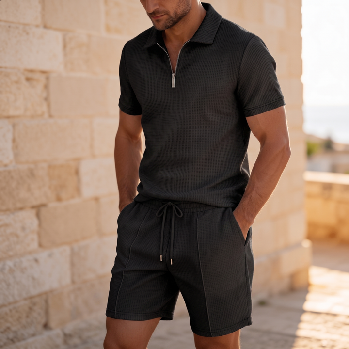 Men's Zip-Neck Polo and Drawstring Shorts Set - Matching Summer Casual Outfit — Black