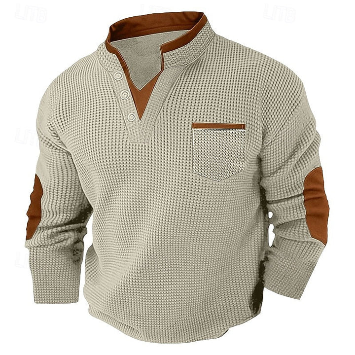 Men's Textured Long Sleeve Henley Shirt - Casual Cotton Layering Top — Khaki