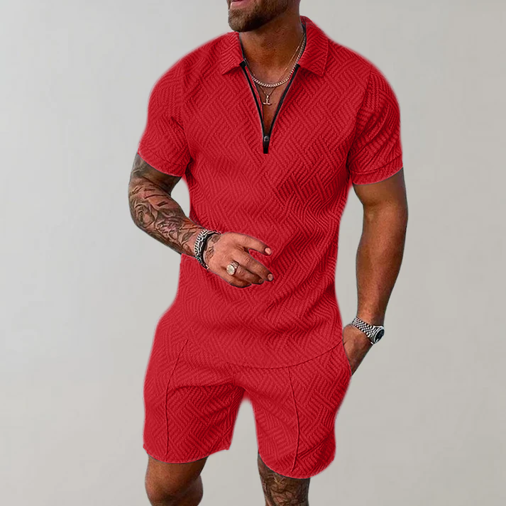Men's Cotton Zip Polo and Shorts Set - Matching Summer Outfit — Red