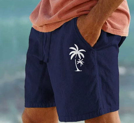 Men's Summer Shorts with Palm Tree Embroidery - Relaxed Vacation Shorts — Navy