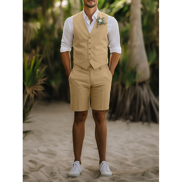 Men's Linen Two-Piece Suit Set with Waistcoat - Tailored Summer Wedding Suit — Khaki