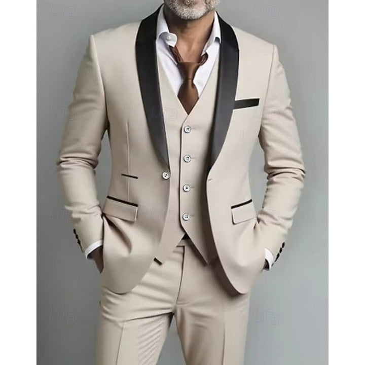 Men's Tailored Three-Piece Suit with Shawl Lapel - Formal Wedding Occasion Wear — Beige