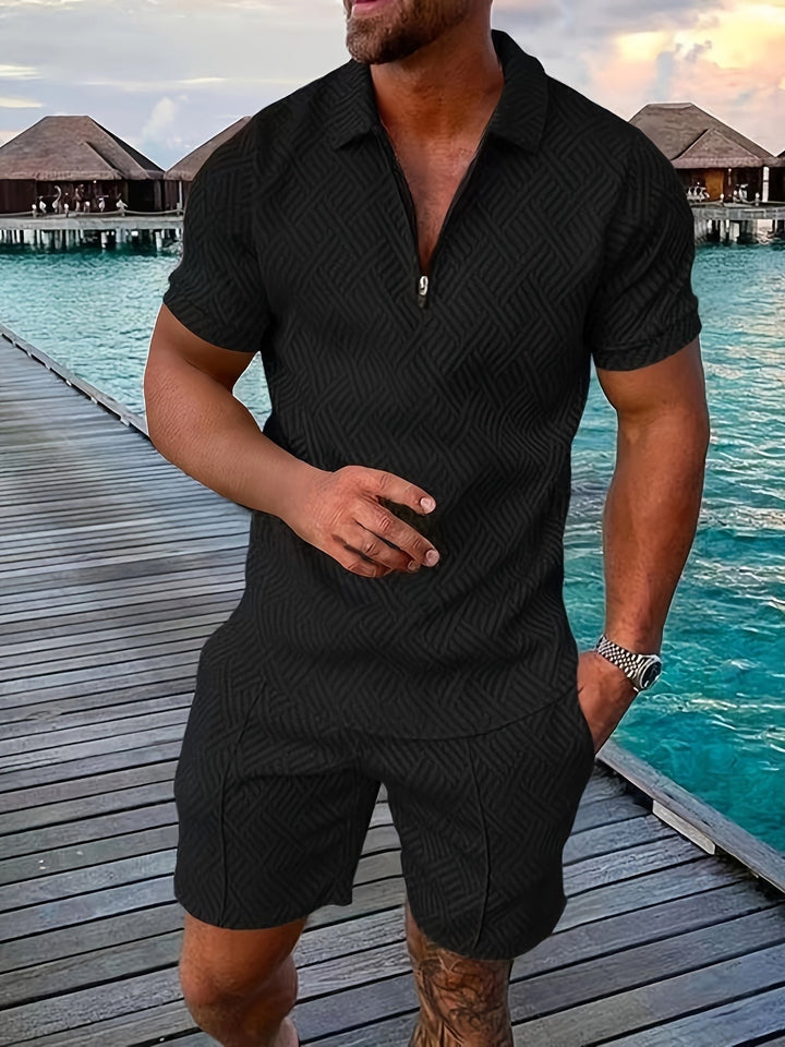 Men's Polo Shorts Two-Piece Set with Ribbed Collar - Casual Matching Summer Co-ord — Black