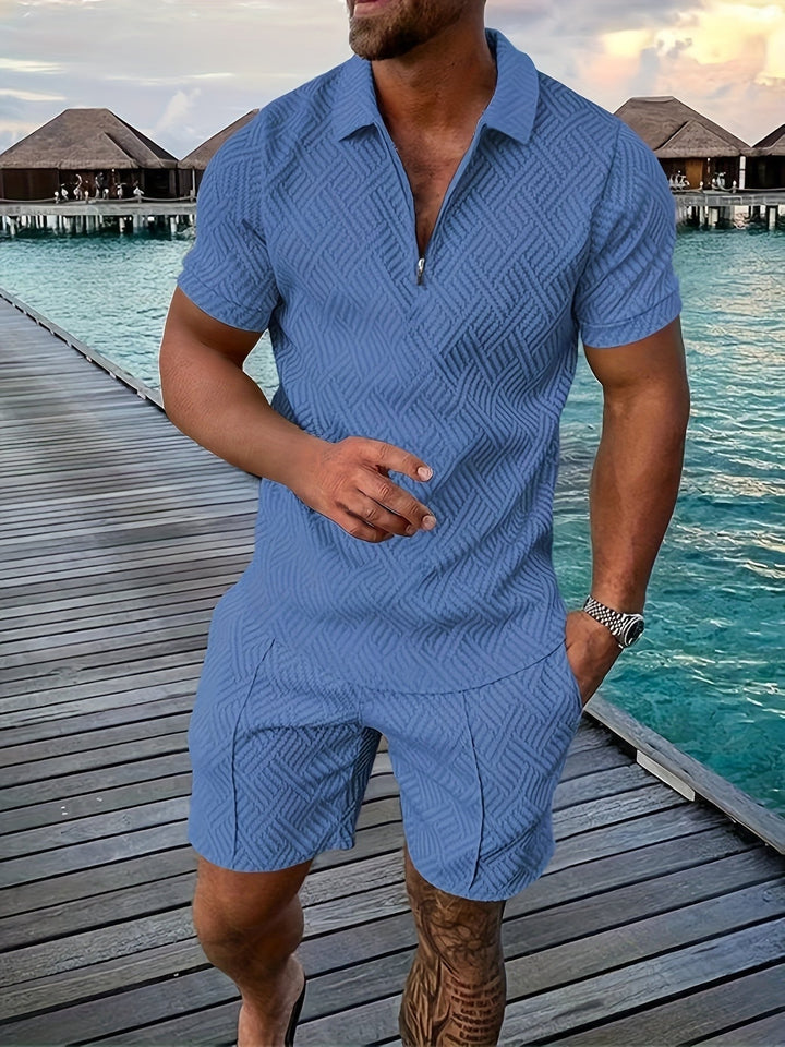 Men's Polo Shorts Two-Piece Set with Ribbed Collar - Casual Matching Summer Co-ord — Light Blue