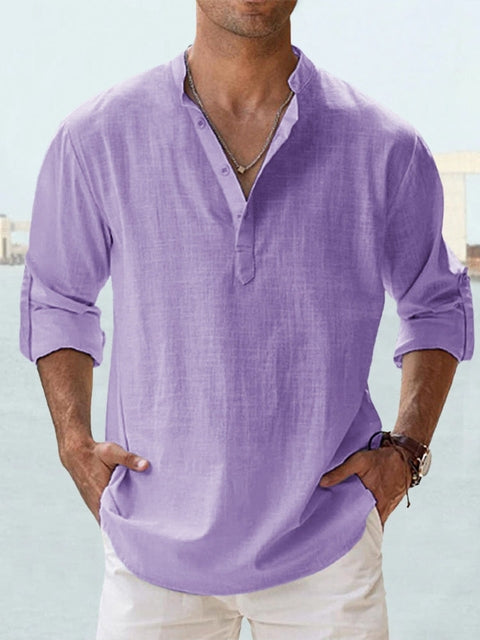 Men's Breathable Linen Button-Up Shirt with Tailored Fit - Smart Casual Shirt — Purple