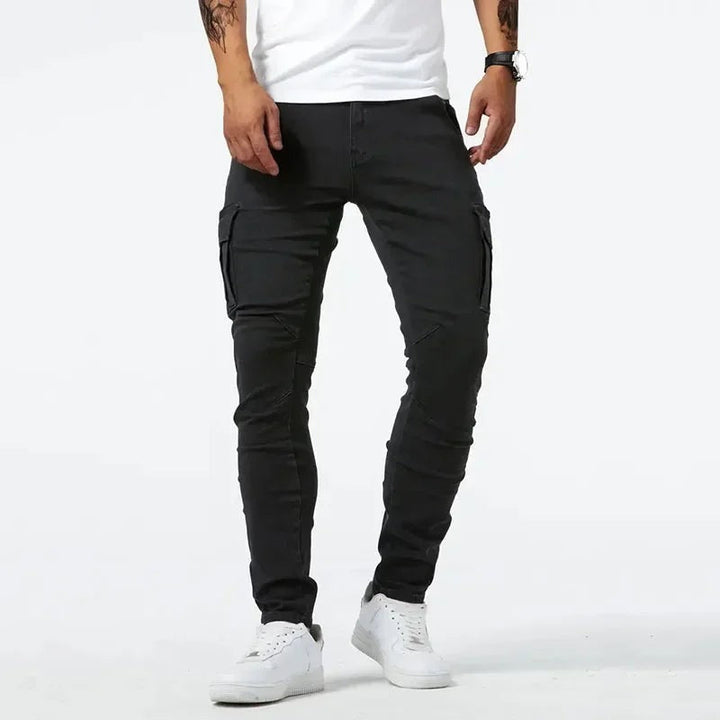 Men's Slim Fit Cargo Pants with Multi-Pocket Design - Utility Casual Trousers — Black