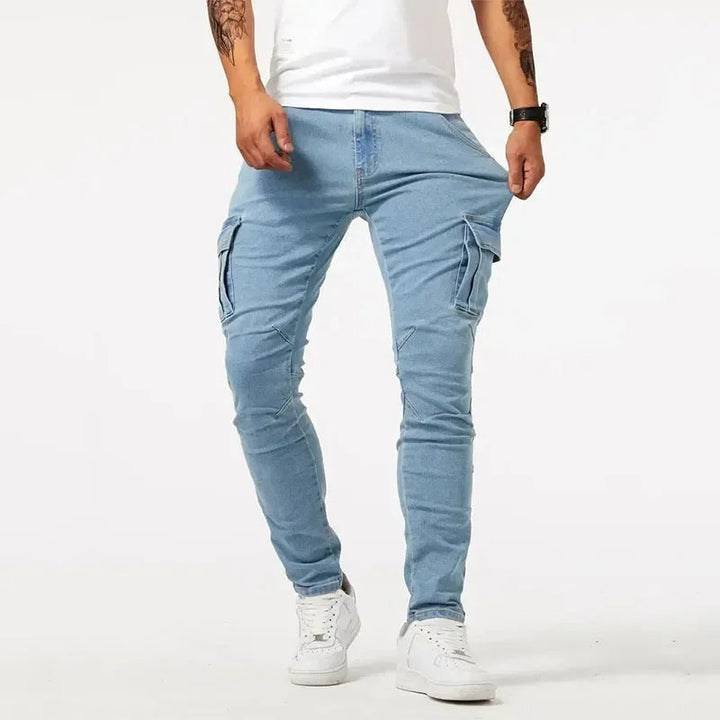 Men's Slim Fit Cargo Pants with Multi-Pocket Design - Utility Casual Trousers — Blue