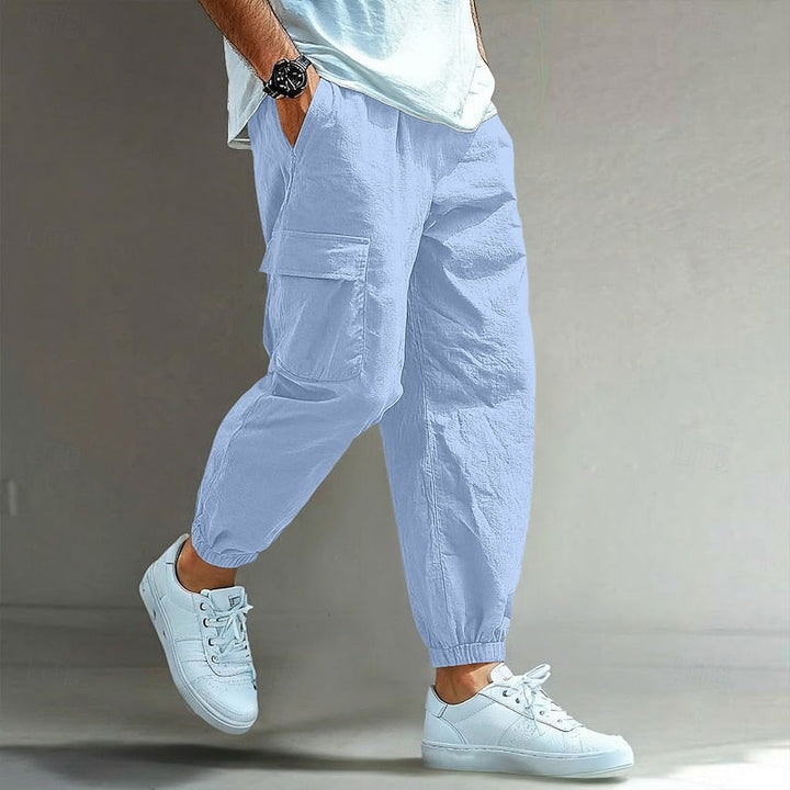 Men's Relaxed Cargo Trousers with Drawstring Waist - Casual Linen Utility Trousers — Blue