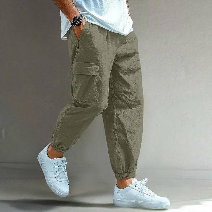 Men's Relaxed Cargo Trousers with Drawstring Waist - Casual Linen Utility Trousers — Green