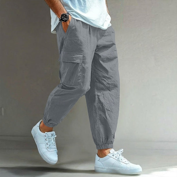 Men's Relaxed Cargo Trousers with Drawstring Waist - Casual Linen Utility Trousers — Grey