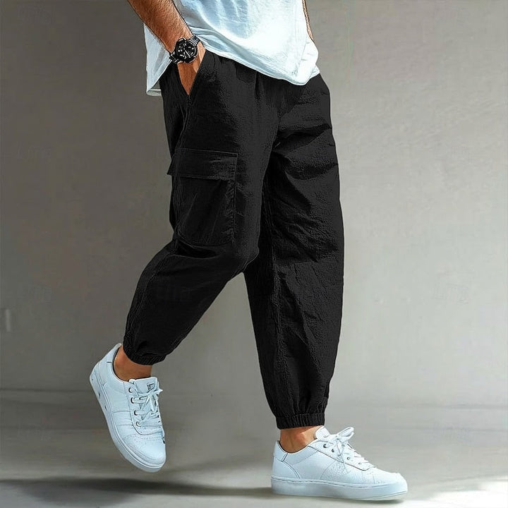 Men's Relaxed Cargo Trousers with Drawstring Waist - Casual Linen Utility Trousers — Black