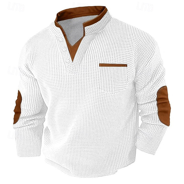 Men's Textured Long Sleeve Henley Shirt - Casual Cotton Layering Top — White