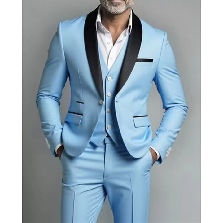 Men's Tailored Three-Piece Suit with Shawl Lapel - Formal Wedding Occasion Wear — Sky Blue