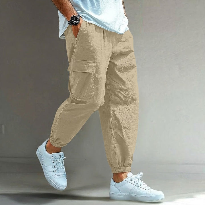 Men's Relaxed Cargo Trousers with Drawstring Waist - Casual Linen Utility Trousers — Khaki